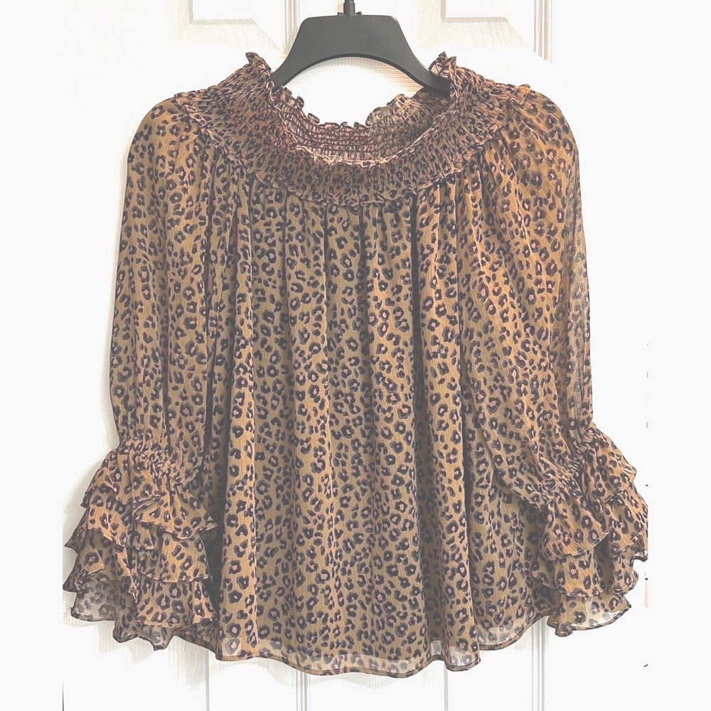 CeCe Leopard Print Smocked Off Shoulder Ruffle Cuff Chiffon Blouse Brown Small